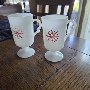 McKee Milk Glass Pedestal Mugs With Red Snowflake Design 1930s